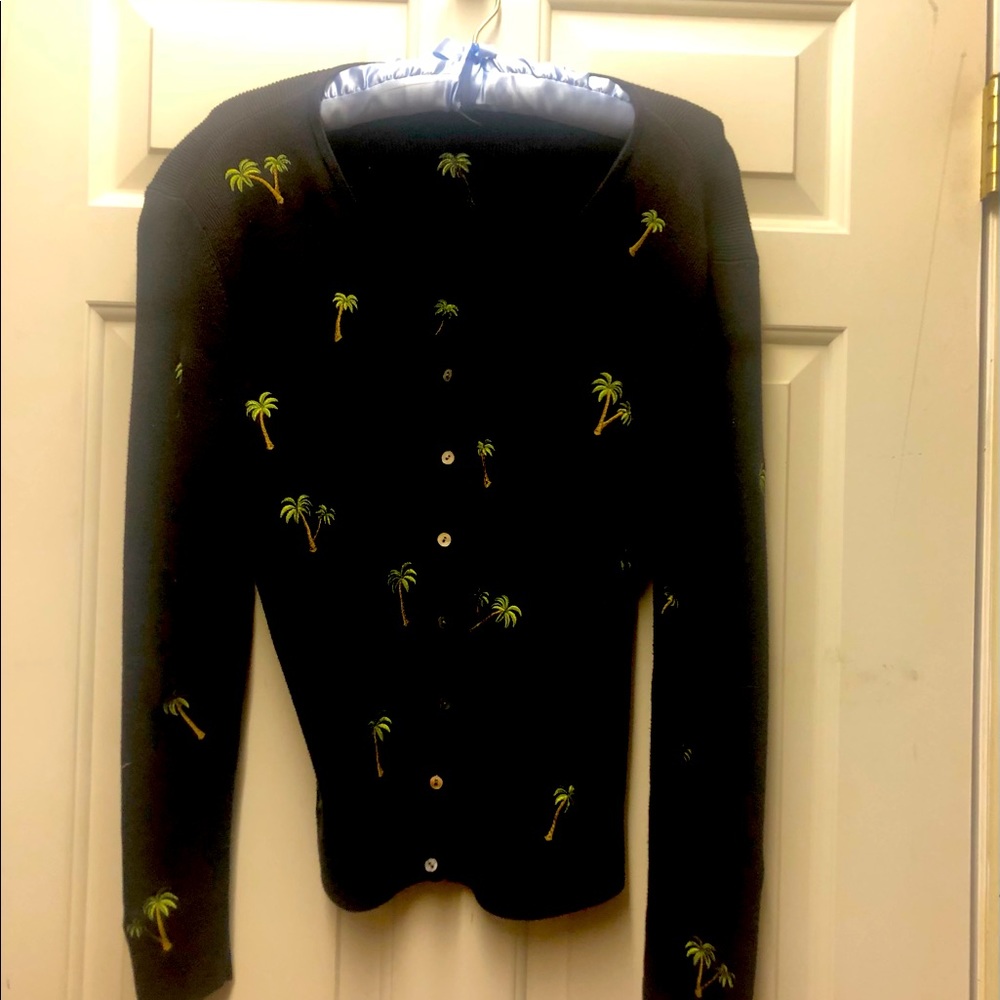 Black M cardigan with green embroidered palm trees